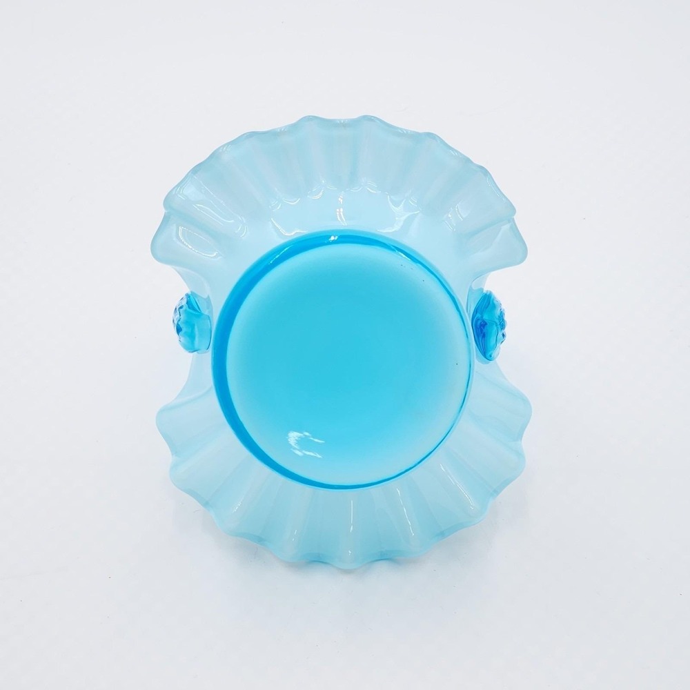 Fenton Turquoise Opalescent Top Hat Basket Blue Bamboo Handle 1950s - Picture 7 of 9